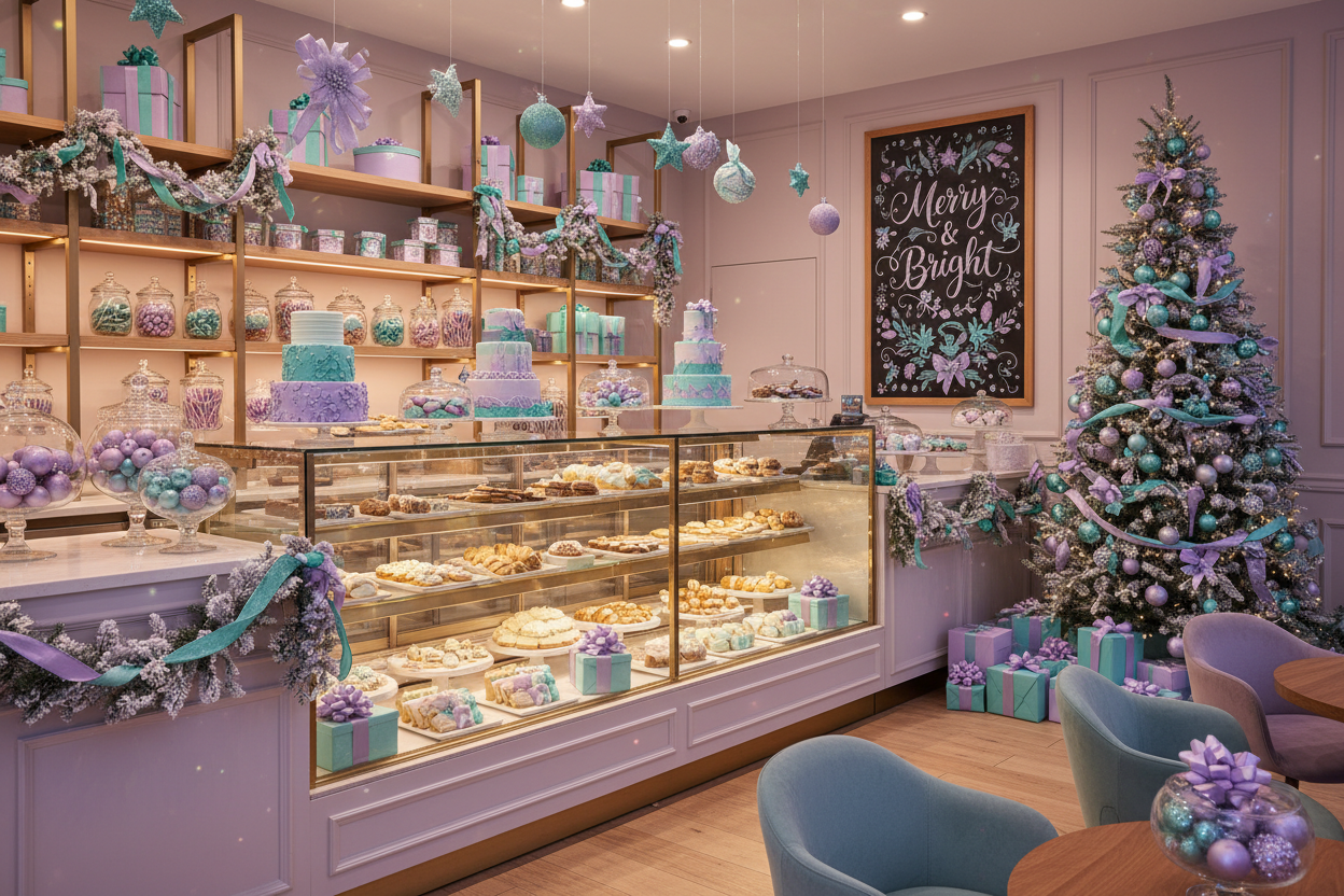 avenger and teal Christmas inside of a bakery