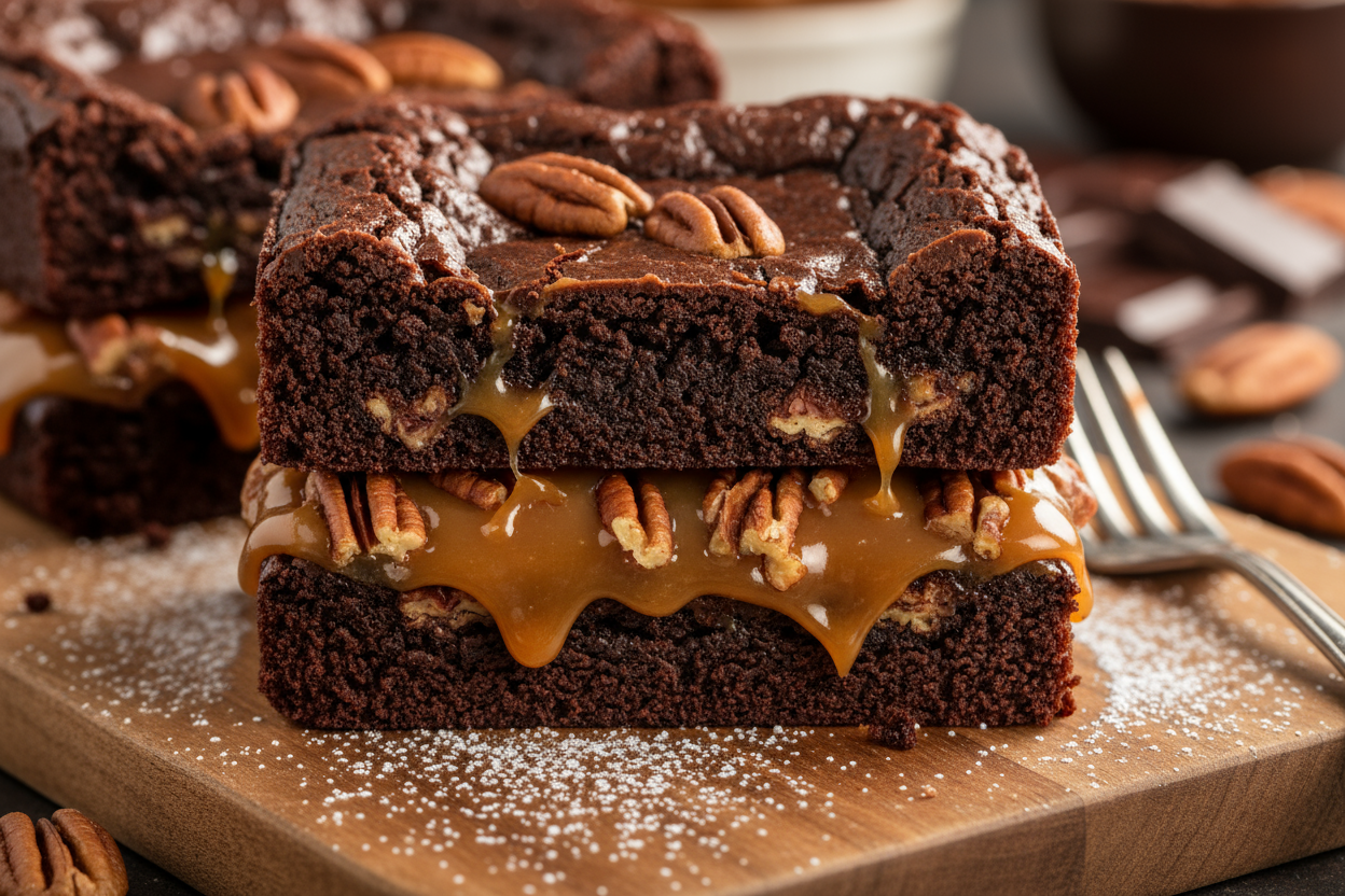 caramel and pecans are in the middle of the brownie