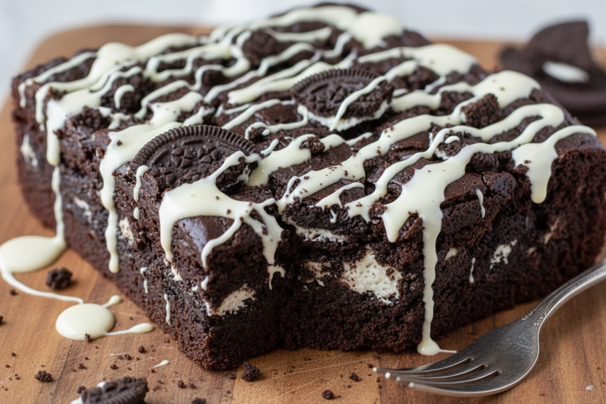 cookies and cream brownie with Oreos mixed with melted white chocolate on top