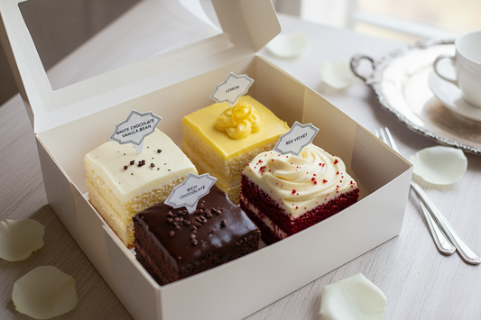 Wedding Cake tasting box with four flavors. White chocolate vanilla bean, lemon, chocolate and red velvet